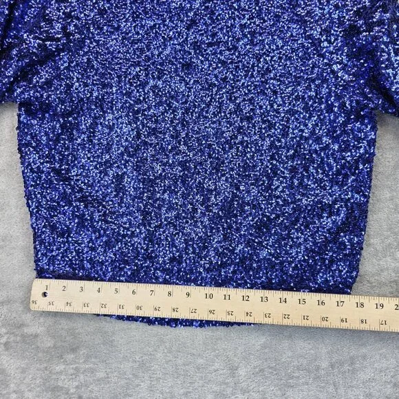 alice + olivia Shirt Womens Small Blue Sequin Silk Long Sleeve Top Party Dressy